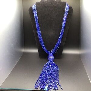 Royal Blue Beaded Tassel Seedbead Statement Necklace